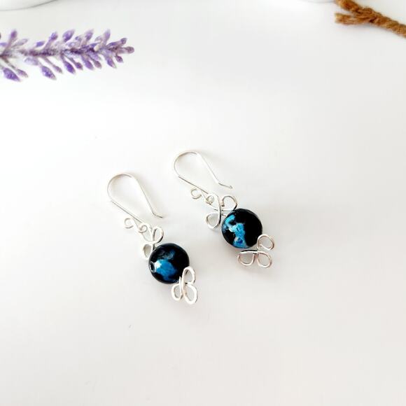 Agate Stone Beads Silver Wire Wrapped Dangle Earrings - Picture 6 of 9